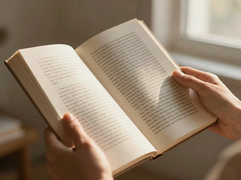 Warm hands holding a reading companion guide, highlighting a passage in a book, warm golden hour light, focused on the interaction with the text.