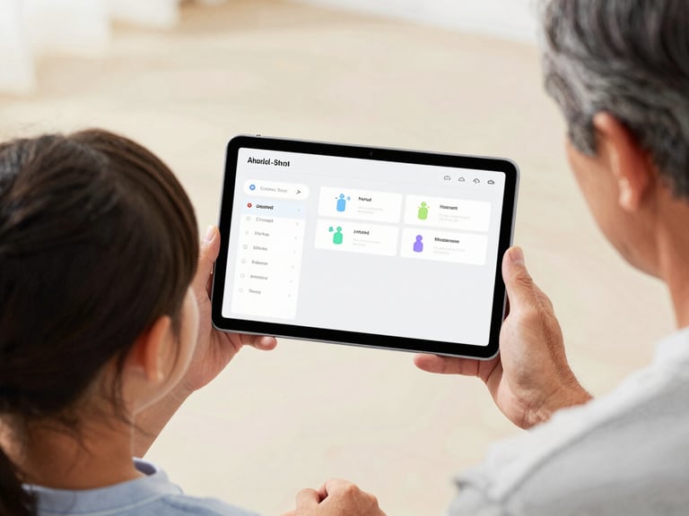 Bright daylight over-the-shoulder shot of a young child and grandfather looking at a clean, high-contrast Android tablet interface together, soft neutral background, 50mm lens