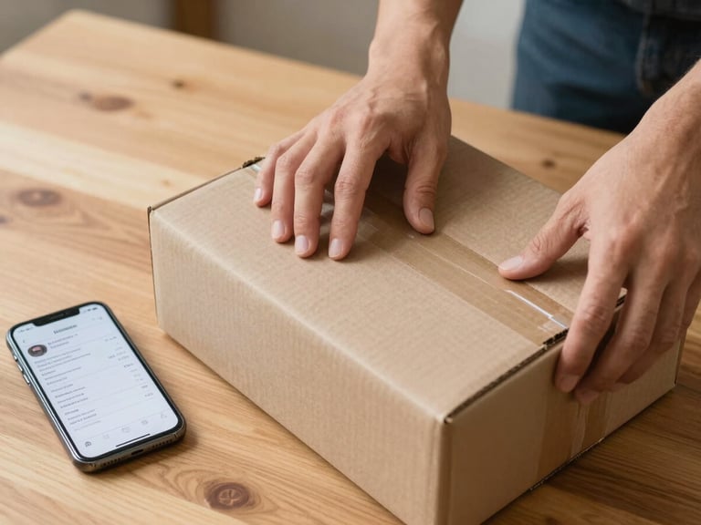 Close-up of hands carefully preparing a cardboard package for shipping on a clean wooden table, a smartphone showing a digital receipt next to it, bright daylight