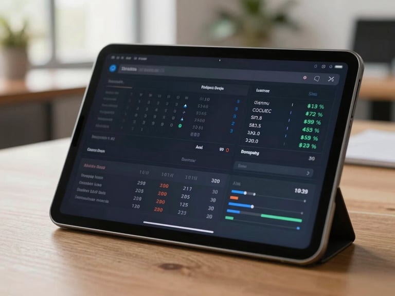Close-up of a clean digital dashboard on a tablet showing real-time sales metrics, warm natural daylight, professional workplace background