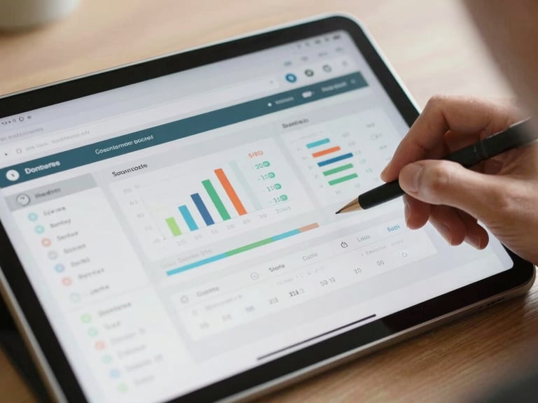 Close-up of a modern tablet interface showing a clean e-commerce dashboard with sales metrics, bright natural daylight, operational focus.