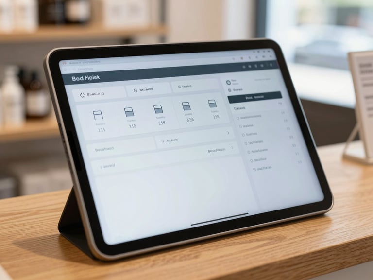 Close-up of a clean retail dashboard interface displayed on a tablet screen, resting on a wooden counter in a brightly lit boutique shop, natural daylight.