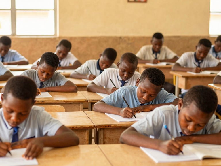 Orderly classroom in Abidjan, focused students writing exams under bright natural light, warm golden tones, sharp focus.