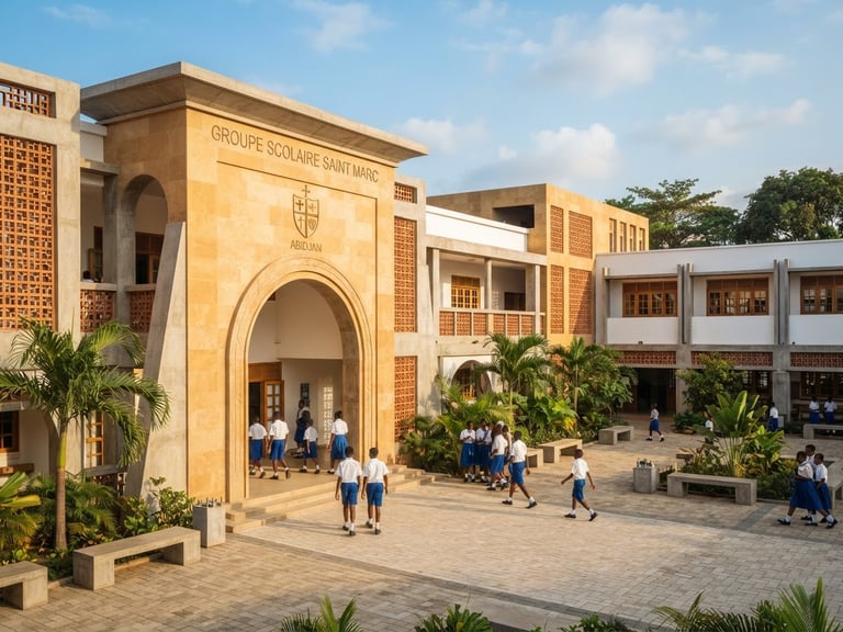 Wide environmental shot of the clean, structured school entrance of Saint Marc in Abidjan, bright natural West African daylight, architectural lines, warm golden tones.
