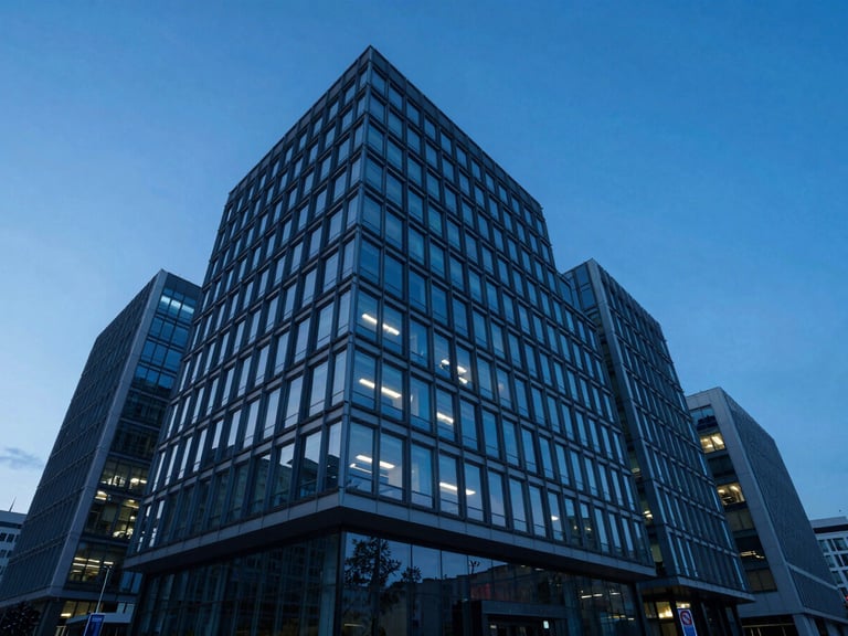 Wide architectural view of a modern corporate building facade at dusk, cool blue lighting, sharp angles