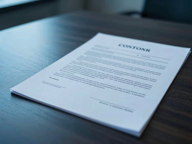 Close-up of a structured legal contract on a dark boardroom table, cool low-key corporate lighting, subtle cyan highlights