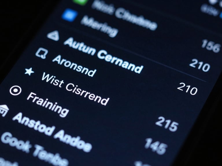 Extreme close-up macro shot of Android settings menu for a custom launcher, displaying monospace text and cyber-blue UI elements, dark studio, screen glow.
