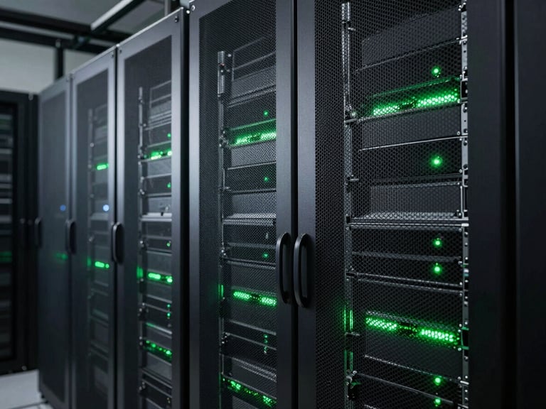 High-contrast architectural details of modern server racks in a secure data center, cool-toned low-key lighting with sharp cyber-green directional highlights.
