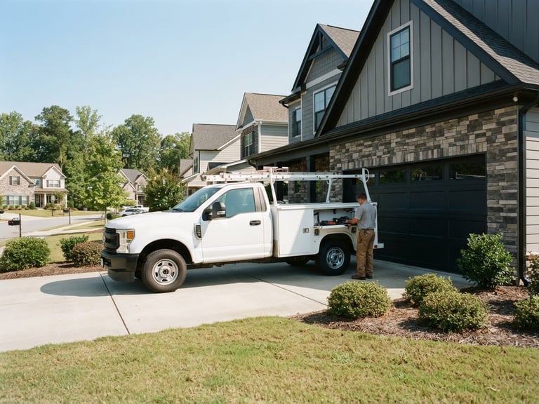 Wide shot of a Titans Garage Doors Repairs branded service truck parked in front of a modern residential garage in Rock Hill, SC, under bright natural daylight, clean industrial tones.