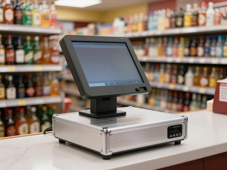 First-person perspective of a heavy-duty cast aluminum POS terminal on a busy liquor store counter, bright commercial lighting, crisp focus, 35mm lens