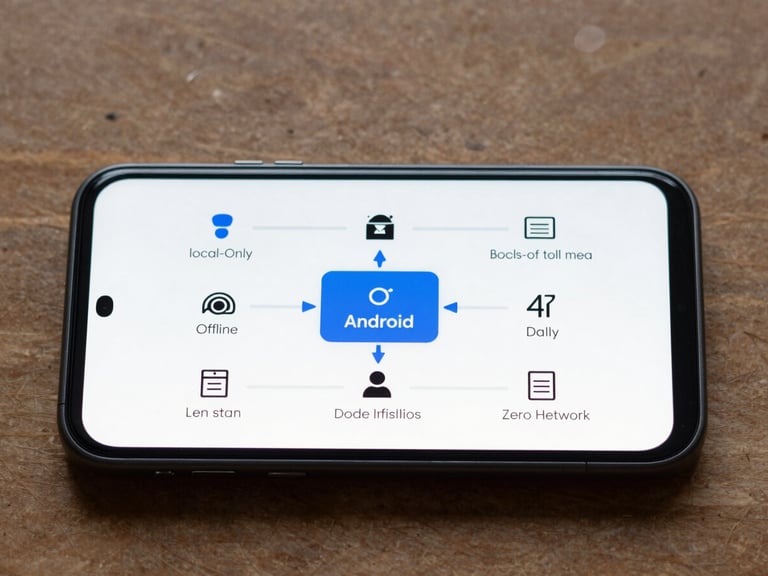 A minimalist technical diagram showing local-only offline data flows on an Android phone, illustrating data staying securely inside the device sandbox with zero external network connections, flat vector style, monospaced labels.