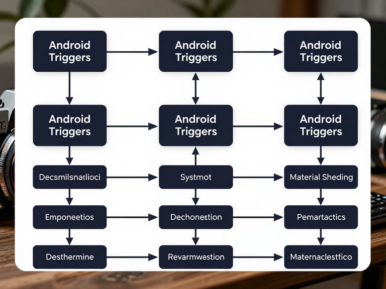 A structured vector flowchart diagram showing local Android triggers mapping directly to system actions, high-contrast Material You color scheme, clean technical layout