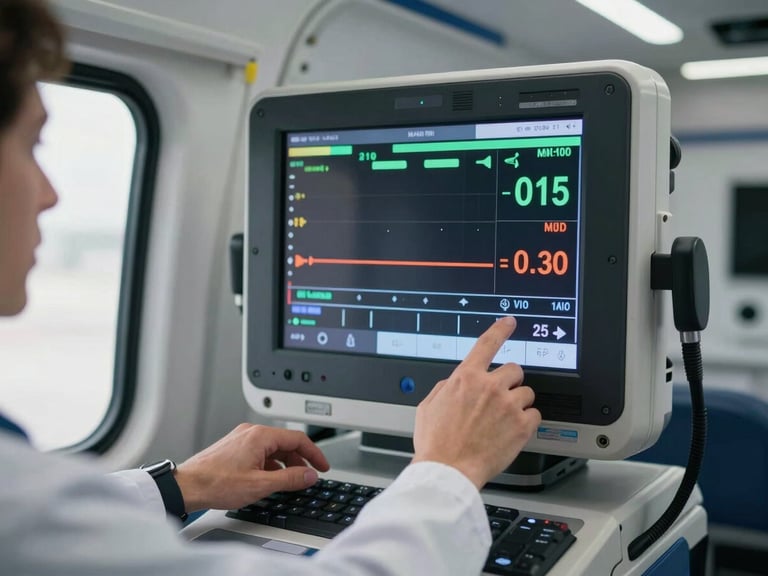 A close-up of a modern medical monitor securely mounted inside an ambulance aircraft, displaying real-time patient vitals with hands of a doctor adjusting controls.