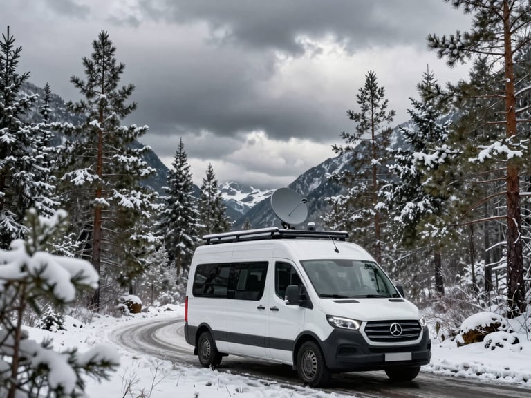 An off-grid camper van parked in a deep valley under heavy grey clouds, a satellite dish mounted on the roof rack, surrounding pine trees dusted with light snow.