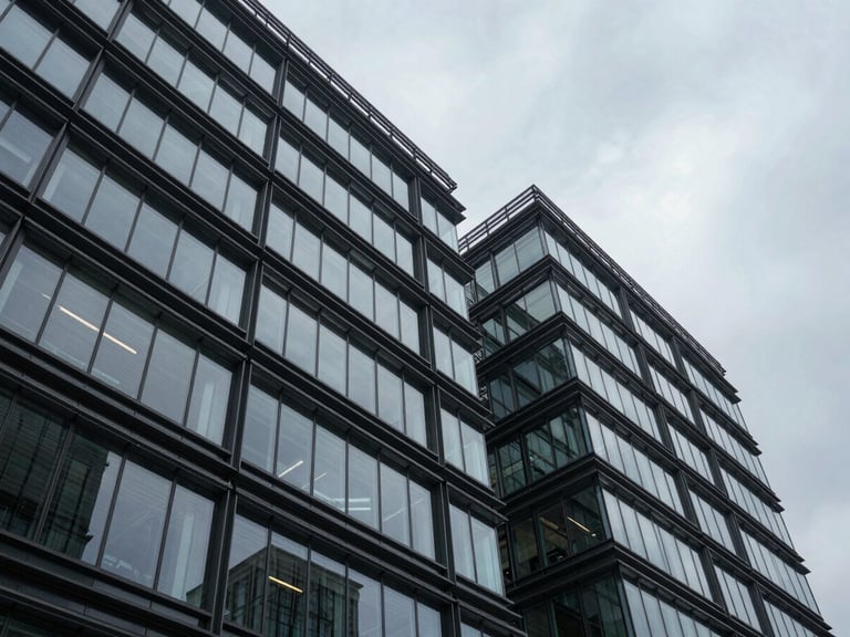 Extreme wide architectural shot of a modern corporate building made of glass and steel under a cool overcast sky, sharp geometric shadows