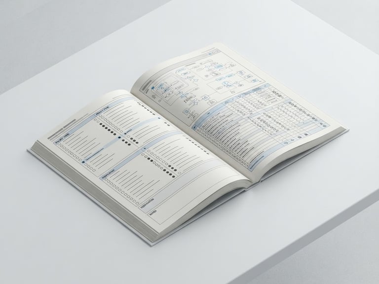 An isometric digital mockup of the blueprint manual open on a clean desk, showing a structured checklist and spreadsheet, soft diffuse studio light, minimalist white and light gray, sharp focus