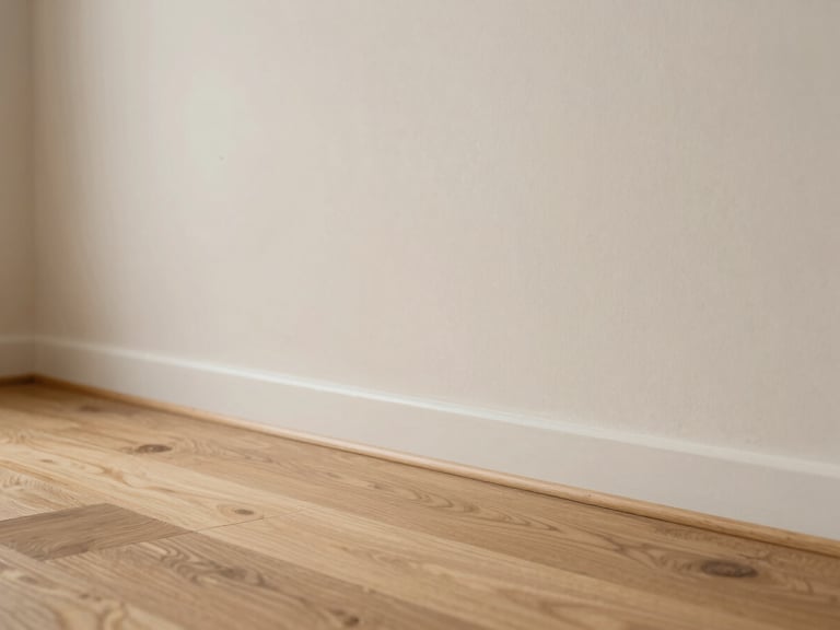 Close-up of oak grain floor meeting raw plaster wall, soft morning light, architectural detail, 35mm lens