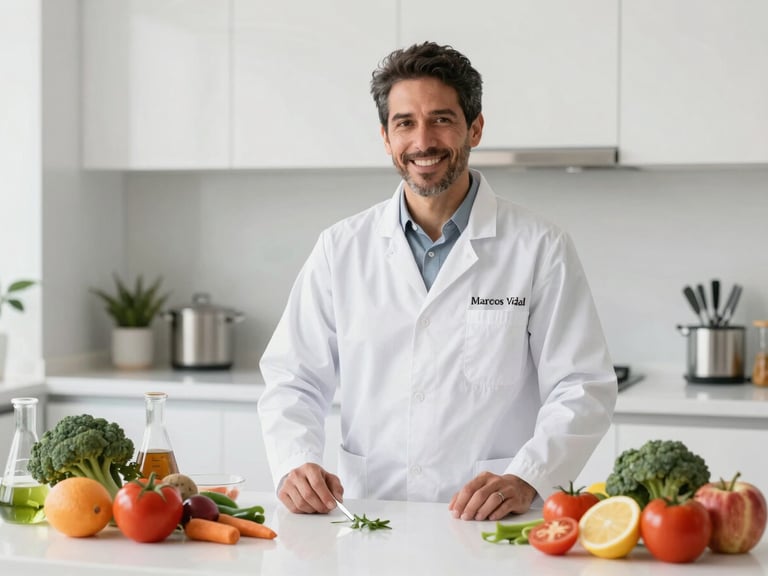 Professional portrait of Lic. Marcos Vidal, a precision nutritionist, in a modern kitchen setting with fresh, scientifically portioned ingredients, bright natural daylight, sharp focus, 35mm