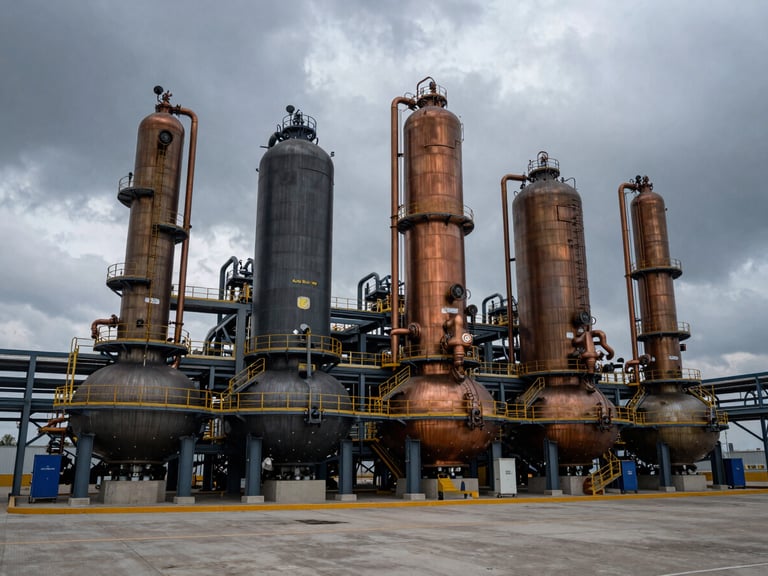 Wide-angle architectural shot of Agan Energy's thermochemical pyrolysis plant, high-contrast industrial lighting, dramatic overcast daylight, 35mm lens.