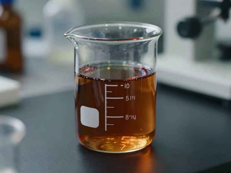 Close-up laboratory testing of dark amber bio-oil in a glass beaker, crisp studio lighting, professional technical setting
