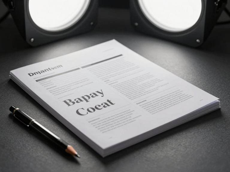 Close-up medium shot of a brand guidelines document open to a typography spread, lying flat on a matte charcoal surface, even studio light from overhead, a mechanical pencil resting diagonally across the lower corner