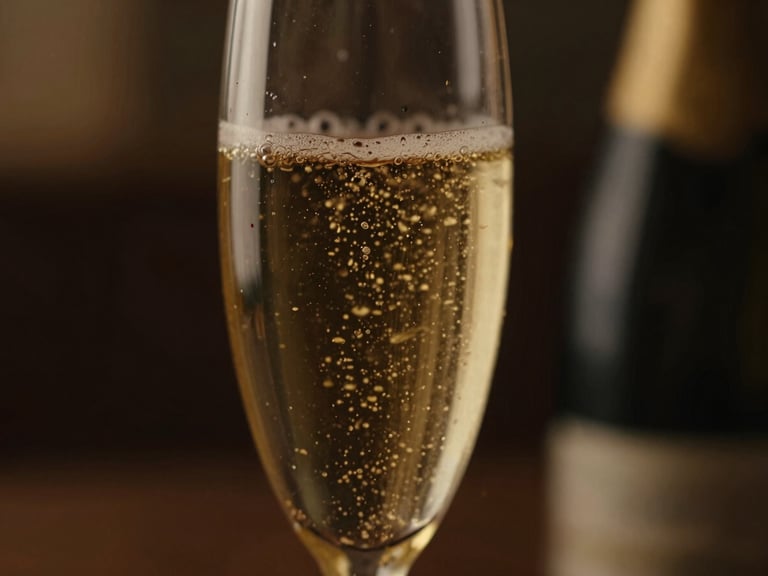 Close-up of warm champagne bubbles in a crystal flute, dark ambient evening light, gold reflections, shallow depth of field