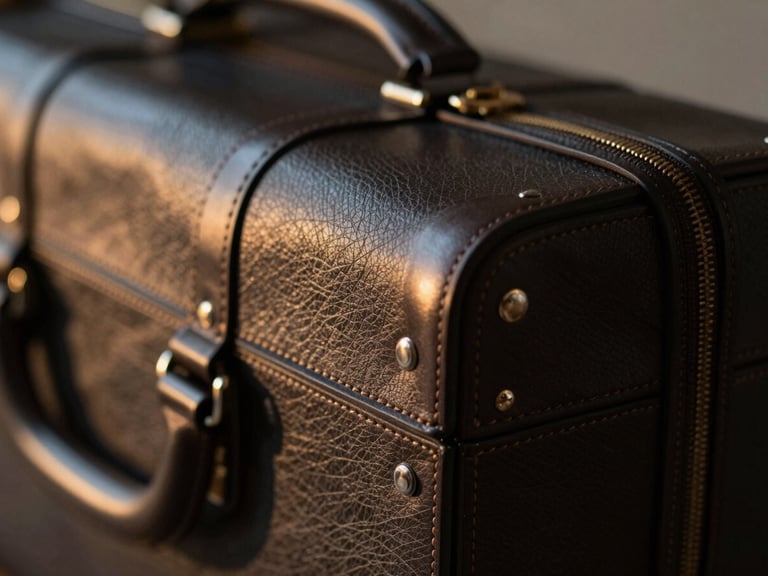 Macro shot of hand-stitched dark leather luggage details, soft ambient evening light, deep obsidian and warm champagne tones, 35mm