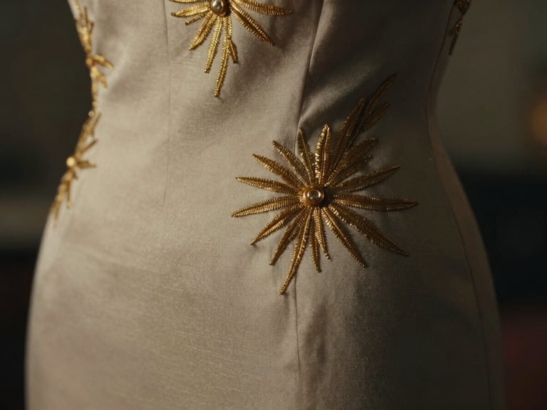 Close-up of rich textured silk fabric and gold embroidery details on a haute couture garment, soft dramatic lighting
