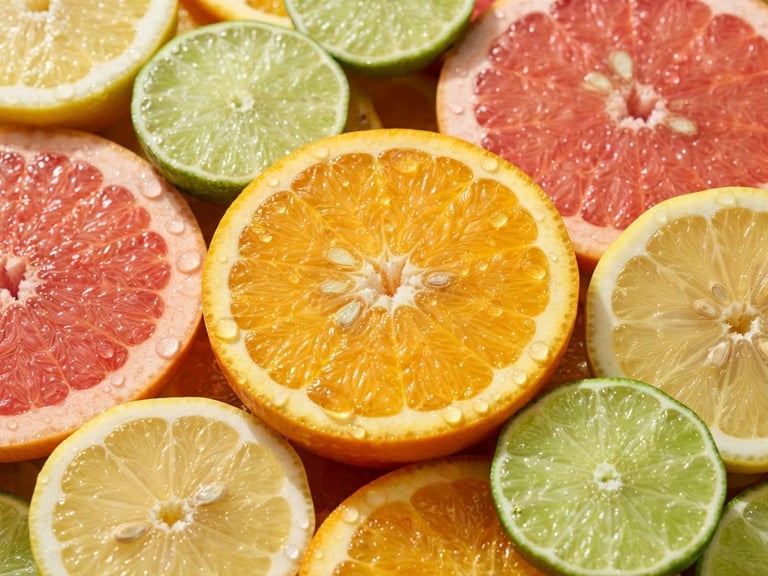 Macro food photography of glistening, freshly sliced citrus with water droplets under bright natural daylight, crisp shadows, 35mm.