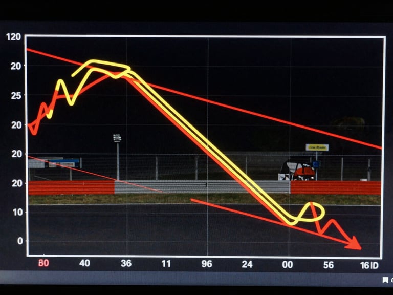 High-contrast telemetry graph showing yellow and red line charts comparing speed over distance, technical track layout overlay, sports engineering screen style