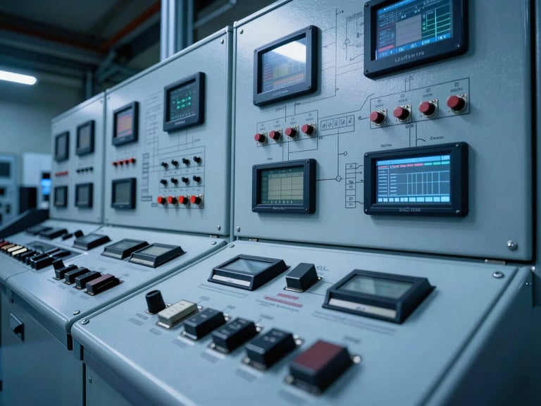 Close-up of an engineer analyzing a complex control panel with schematics, digital readouts, sharp industrial lighting, deep blue and metallic tones.