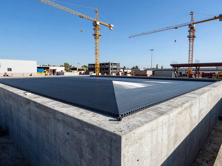 Wide shot of a large-scale concrete foundation being poured at an industrial site, cranes in background, crisp daylight, deep blue and metallic tones.