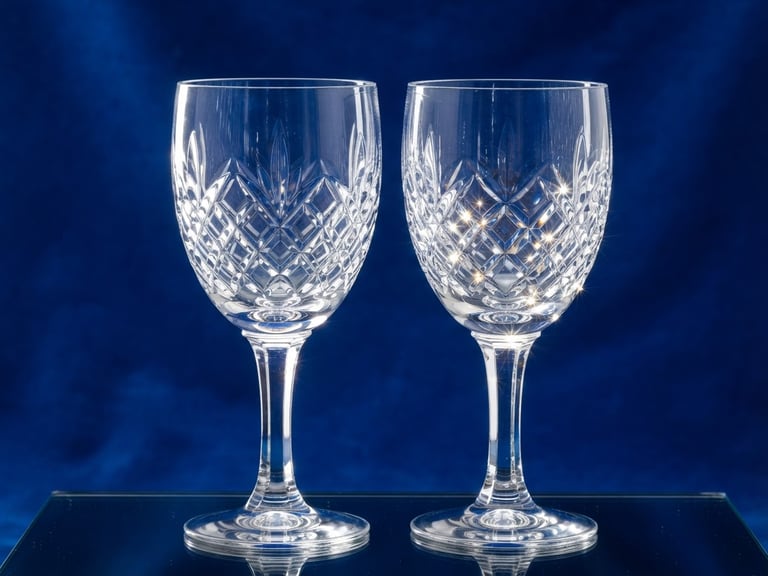 Crisp product portrait of high-clarity crystal goblets catching bright studio light, sharp reflections, clean refractions, royal blue background, professional commercial photography.