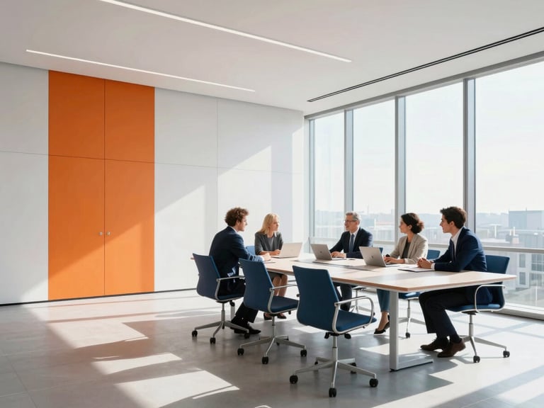 Interior of a modern minimalist corporate boardroom with floor-to-ceiling windows, bright natural light, sharp shadows, clean lines, unposed active collaboration