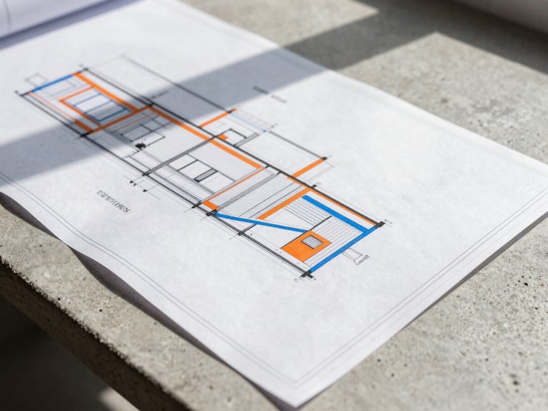 Tight macro shot of architectural blueprints laid out on a raw concrete table, sharp daylight casting hard linear shadows, minimalist composition
