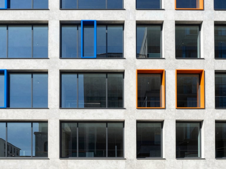 Sharp architectural photography of a modern concrete and glass building facade, bright high-contrast daylight, clean minimalist composition, electric blue accents, 35mm lens