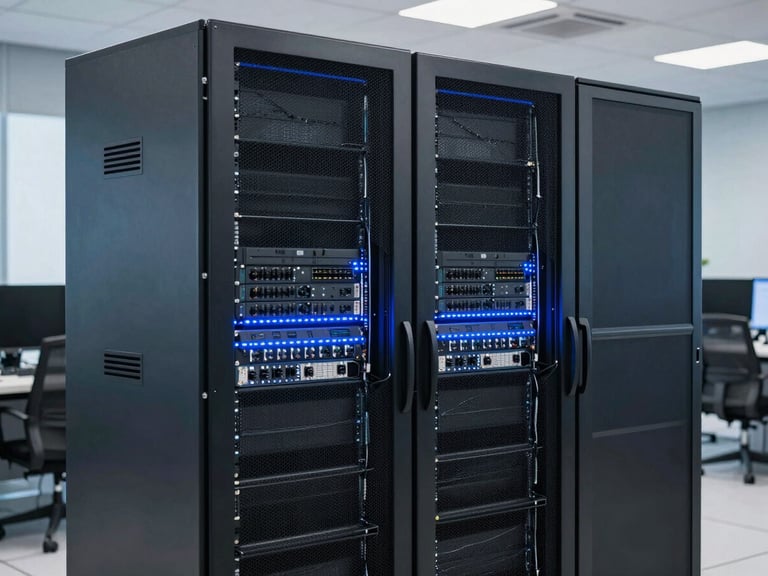Crisp daylight shot of a high-tech control room with modern server racks and clean interfaces, subtle blue ambient LED lighting, professional environment, 35mm