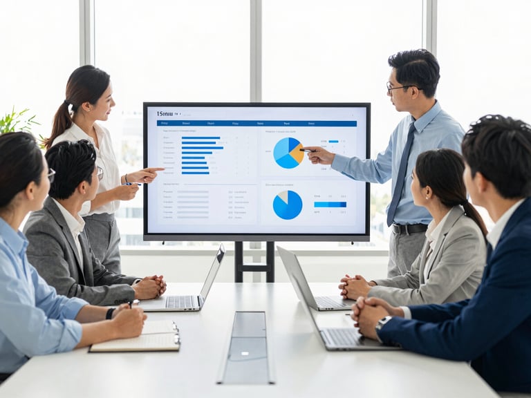 A professional business meeting in a sunlit Florida boardroom, diverse team analyzing logistics charts on a screen, bright high-key lighting