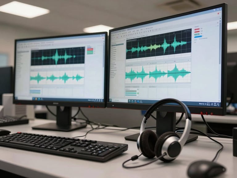 Overhead close-up of a quality assurance workstation with two large monitors displaying call analytics dashboards and waveform recordings, headset cable coiled neatly beside keyboard, facility overhead lighting, no person visible, corporate technical environment