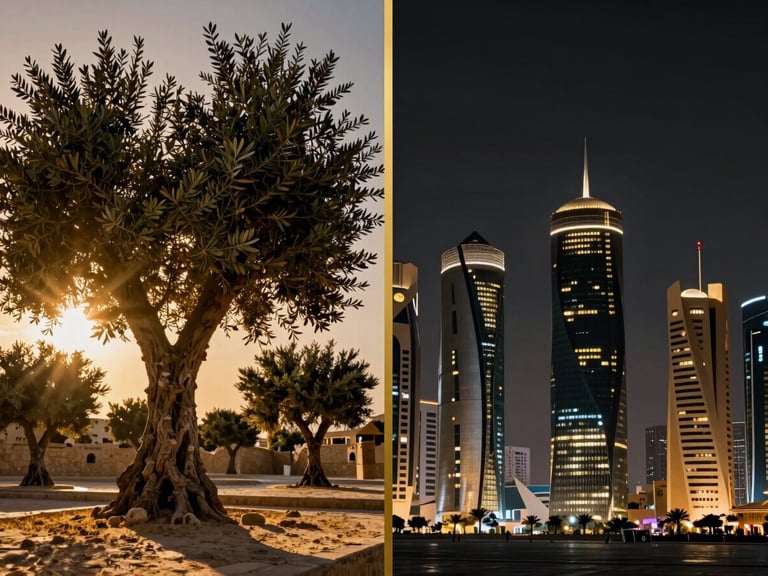 A high-contrast split-screen photograph: on the left, ancient Tunisian olive trees under a golden sun; on the right, the ultra-modern glowing skyscrapers of Doha at dusk, separated by a thin vertical gold line.