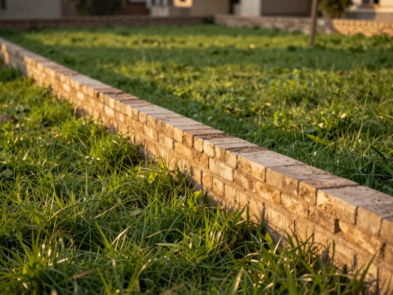 Close-up of a neatly brick-demarcated residential plot boundary, lush green grass, warm golden-hour sunlight, Lucknow estate development