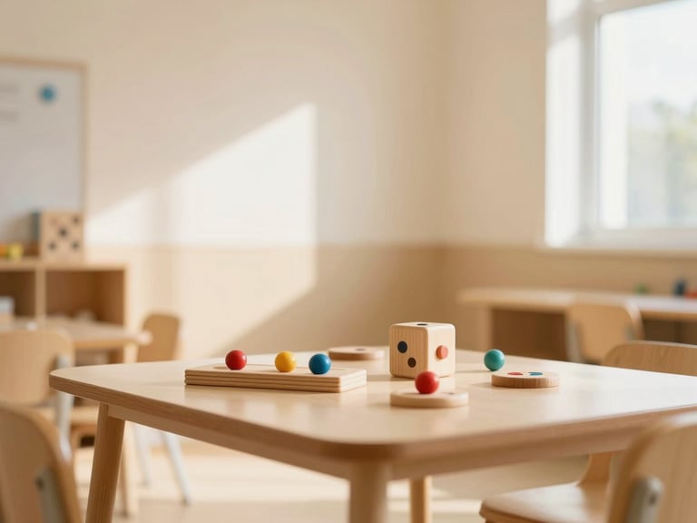Soft natural daylight streaming into a clean, modern special education classroom, warm beige walls, wooden sensory integration toys on a low table, shallow depth of field, warm editorial photography.