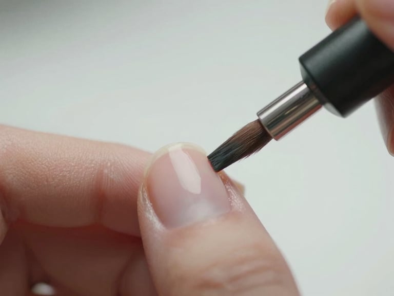 Macro detail of fine-line nail art brush painting a delicate stroke on a clean nail, soft diffused daylight, minimalist setting.