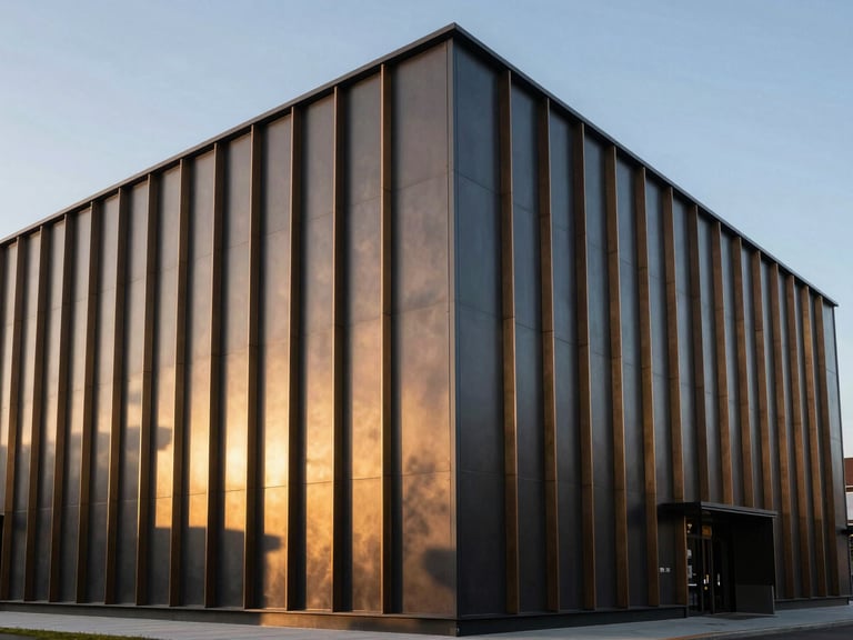 Wide panoramic photograph of a completed contemporary commercial facade at golden hour, dark anodized aluminum cladding with bronze vertical fins casting geometric shadows, no signage, no people, dramatic side-lighting emphasizing material depth and precision