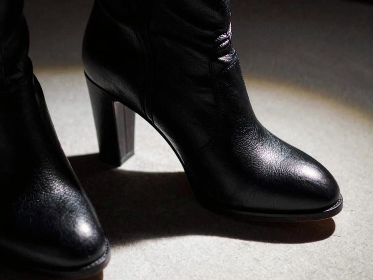 Extreme close-up of a sculptural boot heel casting a sharp, dramatic shadow on textured black leather, high-contrast chiaroscuro lighting, 35mm film