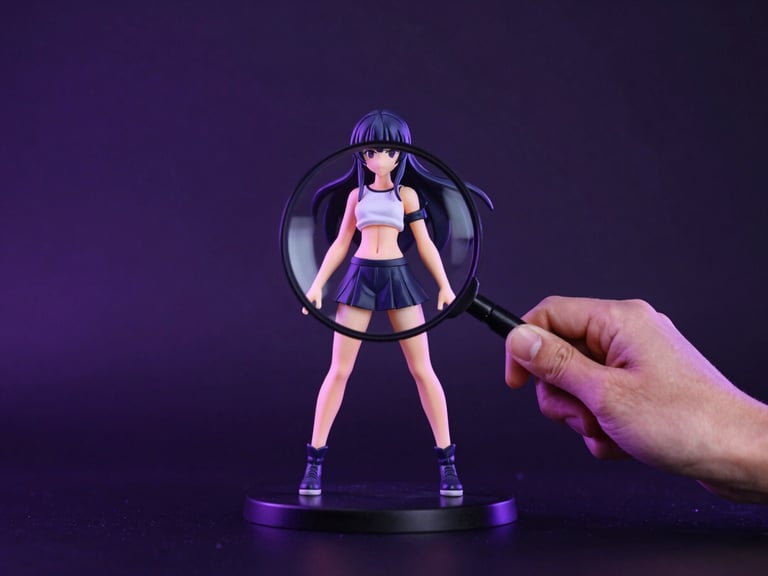 Hands holding a premium anime figure under a magnifying glass with dramatic neon purple studio lighting