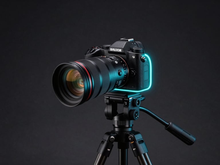 A professional camera on a tripod focusing on a premium anime figure with neon cyan backlights in a dark studio