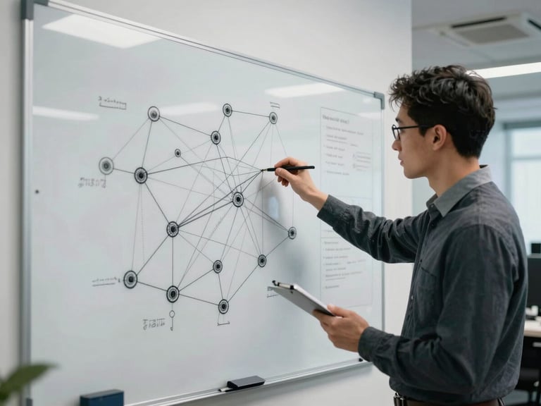Wide environmental shot of engineers analyzing network diagrams on a physical whiteboard in a crisp, cool-lit office.