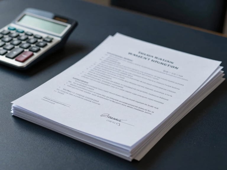 Stack of legal documents and a property deed on a desk with a calculator, high-contrast cool daylight, deep navy and graphite tones, sharp focus, 35mm lens.
