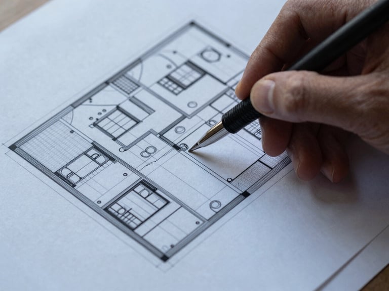 Close-up of a detailed architectural drawing being reviewed by an engineer's hand, high-contrast cool daylight, deep navy and graphite tones, sharp focus, 35mm lens.